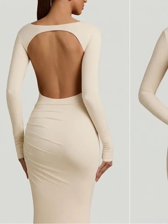 Women's Long Sleeve Cream Bodycon Maxi Dress - Picture 3 of 3